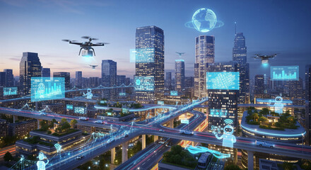 Fototapeta premium Futuristic Smart City with AI and IoT Technology