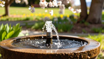 A close-up showcases a bubbling fountain in a park. Water sprays into a stone basin. Blooming trees and a green lawn form the backdrop. Soft sunlight bathes the scene