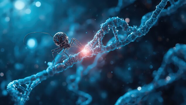 Metallic ant crawling on a dna strand with a glowing spot in a blue and black background - Powered by Adobe