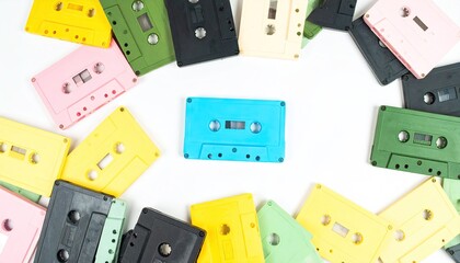 Pastel Colored Cassette Tapes Flatlay