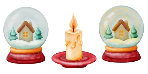 Christmas Set &ndash; watercolor holiday illustration. Festive collection with Christmas tree, presents, candy cane, cookies, stocking, bird, snowflake and cozy winter accessories.