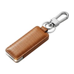 Elegant brown leather keychain fob with metal clasp isolated on transparent background
