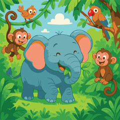 cartoon vector images of elephants, monkeys, and birds in the jungle