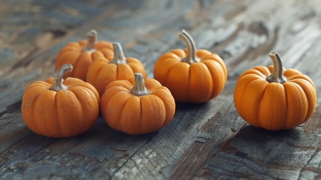 A collection of miniature pumpkins arranged on a rustic wooden surface