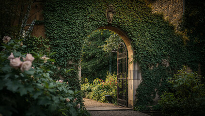 Obraz premium Charming Garden Archway Framed by Lush Greenery and Flowers