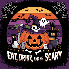 2d vector illustration Halloween t shirt icon design items ghost character Candles in carved pumpkin 