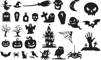 Spooky Halloween Vector Elements – Bats, Witches, Pumpkins & Graveyard Graphics