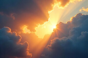 Fototapeta premium Golden sunbeams pierce through gaps in fluffy clouds, creating a dramatic, celestial light show Perfect for nature, weather, and inspirational themes , sunshine, shining, sun