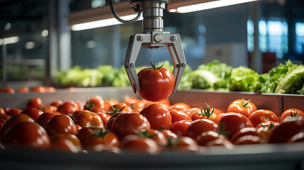 Robotic arm picking ripe tomato from conveyor belt