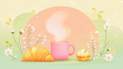 Delightful breakfast with a pink mug, croissant, and cupcake surrounded by flowers in a serene setting