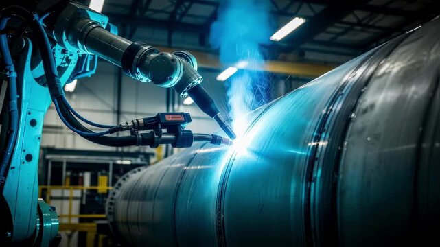 Closeup of robotic welding arm fusing metal seams on cylindrical hyperloop vacuum tube segment under bright safety lights in fabrication yard.