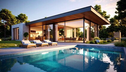 Fototapeta premium Modern house by pool at sunset