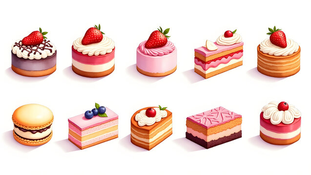 a vibrant and colorful assortment of elaborate desserts executed in a delicate watercolor style as if painted with soft brushstrokes and gentle blending, featuring an array of sweet treats