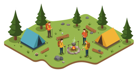 Isometric camping scene with tents and campfire in forest setting