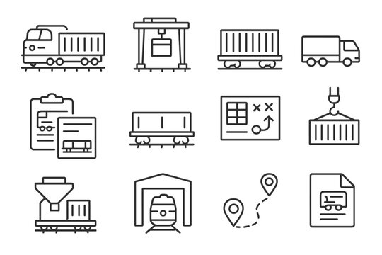 Rail Freight Icons. Line style icons of rail freight logistics: train with cargo container, rail terminal icon, freight car symbol
