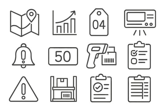 Inventory Tracking Icons. Line style icons of inventory tracking: warehouse item location map, inventory update chart, bin number