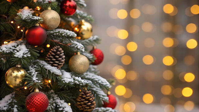 Festive Christmas Tree Adorned with Red and Gold Baubles under a Blanket of Snow with Twinkling Bokeh Lights