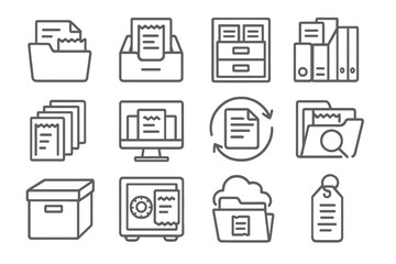 Receipt Archive Icons. Line style icons of receipt archives and storage: folder with paper receipts, receipt drawer icon, filing
