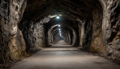 Exploring a dimly lit underground tunnel with rocky walls and artificial lighting