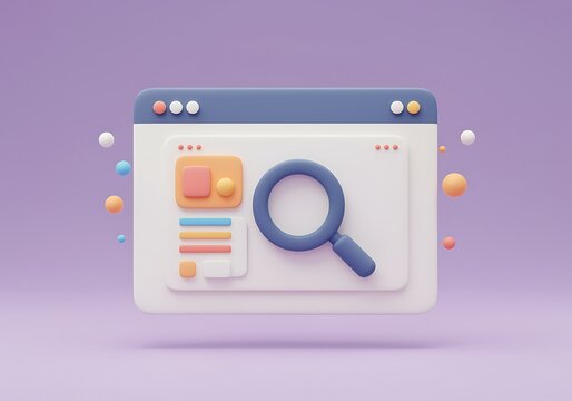 Abstract 3D Illustration of Web Browser Window with Magnifying Glass for Search Engine Optimization Concepts and Online Information Gathering