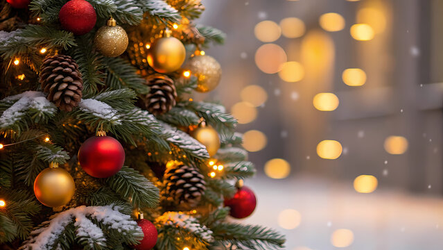 Festive Christmas Tree Adorned with Ornaments and Pine Cones Shimmering with Holiday Light Magic and a Touch of Winter Snow