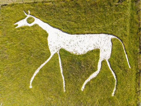 Aerial view of Pewsey White Horse, Chalk Hill Figure, Wiltshire, England, UK