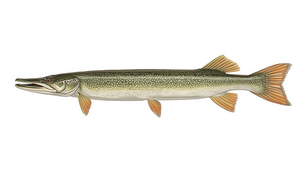 Fototapeta premium This is a detailed, realistic illustration of a northern pike fish, with its elongated body, sharp head, greenish back, yellow spots, and reddish-orange fins.