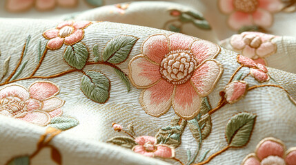 Soft fabric features beautifully embroidered pink flowers and green leaves, highlighting intricate design and texture in warm lighting