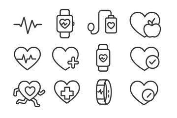 Heart Health Icons. Line style icons of heart health and monitoring: heartbeat line, heart rate watch, blood pressure cuff,