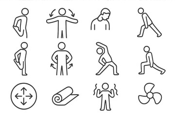 Warm-up Line Icons. Line style icons of warm-up and stretching: leg stretch, arm circle, neck roll, hamstring stretch; quad pull,
