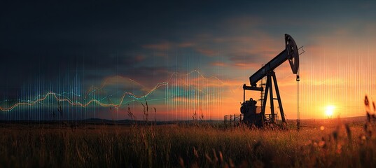 Oil pump at sunset over a field with digital data overlay