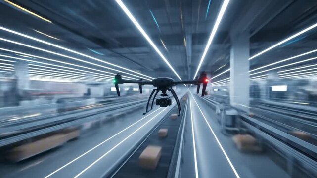 A drone equipped with a camera flies over a conveyor belt transporting boxes in a tunnel with parallel light fixtures