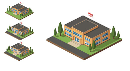 Isometric school building with flag and trees in various sizes