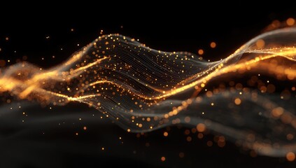 Abstract gold particles flowing in waves on a black background