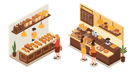 Charming isometric bakery scene with people choosing freshly baked goods