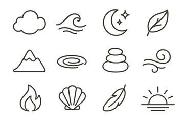 Peaceful Line Icons. Line style icons of peaceful objects and symbols: soft cloud, calm water wave, moon with stars, floating leaf