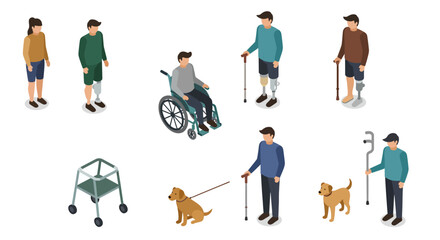 Isometric disabled people with assistive devices and service animals