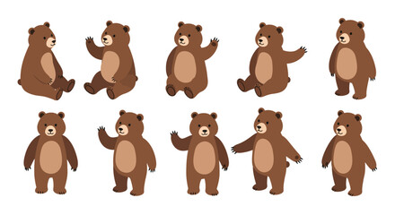 Cute brown bear in various poses on white background