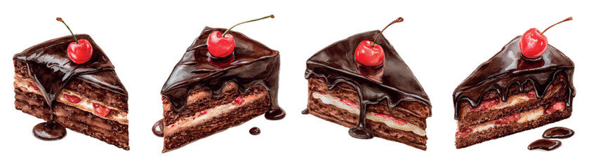 Watercolor set of chocolate cake pieces. Chocolate cake drizzled with chocolate glaze and topped with whipped cream. Piece of cake with cream and berries. Sweet birthday elements.