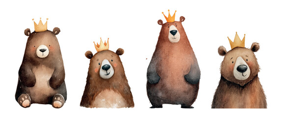 Set of cute bears in golden crowns watercolor. Cartoon brown bears in golden crowns. Children's cute forest characters. Characters for children's birthday designs.