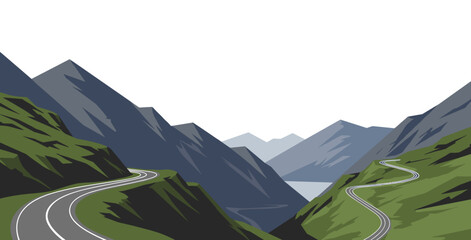 Mountain pass with winding roads through green hills and valleys  