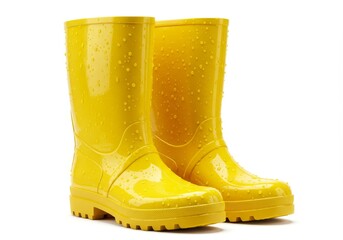 Yellow rubber boots with raindrops on a white background  