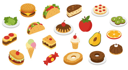 Colorful isometric food assortment featuring burgers, desserts, and fruits
