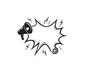 Black Megaphone Icon with a Jagged Speech Bubble and Lightning Bolts Keywords: megaphone, bullhorn, loudspeaker, announcement, speech bubble, talk, shout, communication, message, sound, noise
