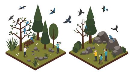 Isometric bird watching scenes with nature enthusiasts in forest settings