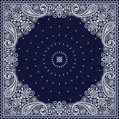 Bandana paisley square ethnic floral hand drawn pattern.Ornament classic vintage vector elements white on navy blue background.Design for scarf,headscarf,kerchief,tablecloth,print fabric,decoration.
