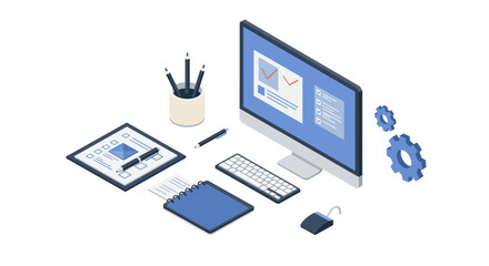 Modern office workspace with digital devices and stationery in 3d isometric style