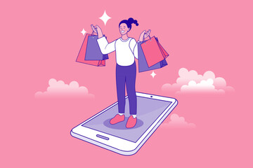 A happy woman stands on a giant smartphone, celebrating a successful shopping haul with many bags. This concept illustrates the joy and convenience of e-commerce and mobile retail apps.