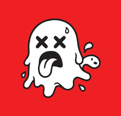 Cartoon Ghost Character with Crossed Eyes and Tongue Out on Red Background spooky halloween