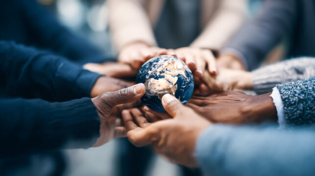 ESG, empathy ,partnership and Social connection. Business people join hands together for social responsibility .World environment day